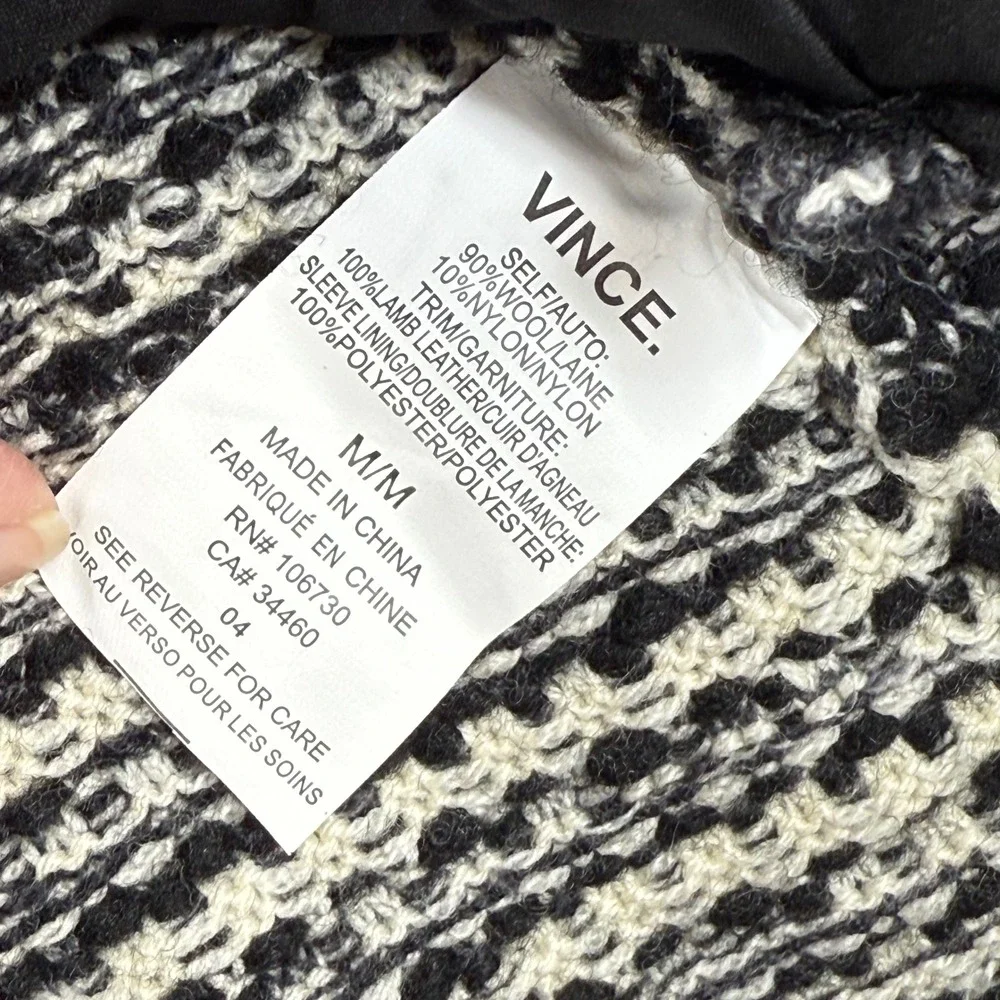 Vince Tweed Leather Moto Jacket Black‎ White Fringe Womens Size M